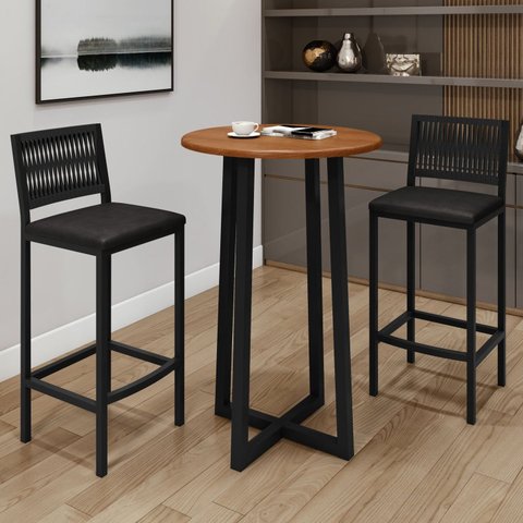Conjunto Mesa Bistrô e 2 Banquetas Tampo de Madeira Maciça Coliseu Barcelona Preto/Cinamomo