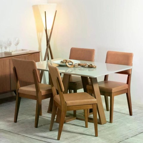 Conjunto de Jantar Mesa com Vidro Avena 4 Cadeiras Ella - Canella C/ Caramelo