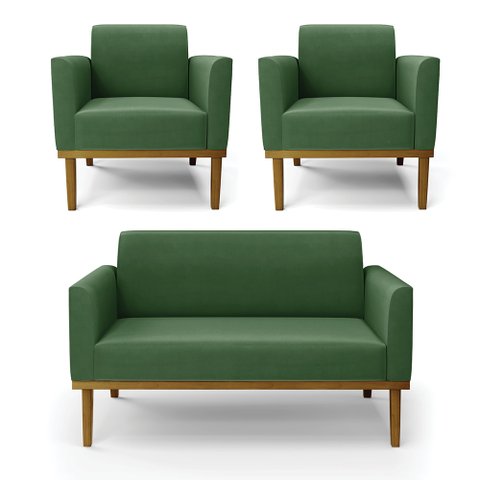 Conjunto 2 Poltronas e 1 Namoradeira Decorativa Isabella Pés Fixo em Madeira Castanho Suede Verde G1