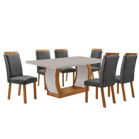 Mesa de Jantar Milena 180cm Tampo MDF Vidro Canto Copo com 6 Cadeiras Lorena Moderna Mobília