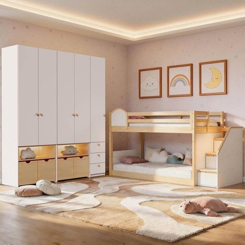 Guarda-Roupa Modulado Wave e Beliche Montessoriano New Garden Casatema MadeiraOriginals Branco/Marrom