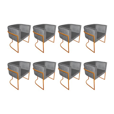 Kit 8 Poltronas Decorativa Sala de Estar Base de Ferro Cobre Veludo Cinza