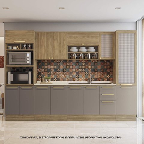 Armário de Cozinha Modulada Completa Reta 7 Peças 3,20m 196 Botanic Kappesberg - Nogueira/Fendi