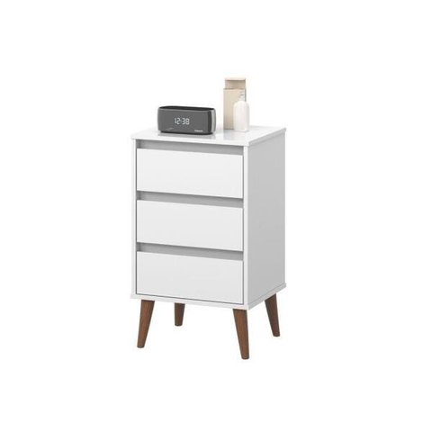 Mesa De Cabeceira Retrô Wood 3 Gaveta Branco Quarto