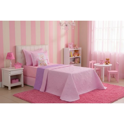 Kit Cobre Leito Solteiro Infantil Princesa Ursa 4 Peças Dupla Face Matelassado: Rosa