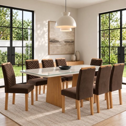 Conjunto Sala de Jantar 8 Lugares Retangular Tampo Vidro/MDF 200x90cm Mesa Lyra e Cadeiras Carol