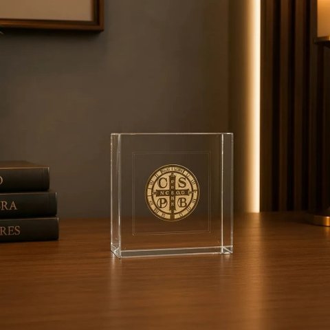 Quadro Caixa Acrílico Medalha de São Bento 10x10x3,5cm - Box Luxo Religioso