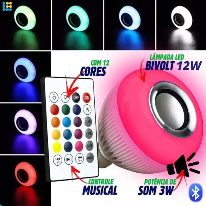 Lâmpada Musical 12w Bluetooth Luz Led Rgb com Controle - 2