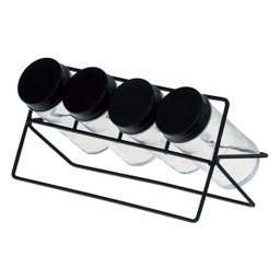 Conjunto 4 Potes para Tempero em Vidro com Tampa e Suporte Metal Preto - 1