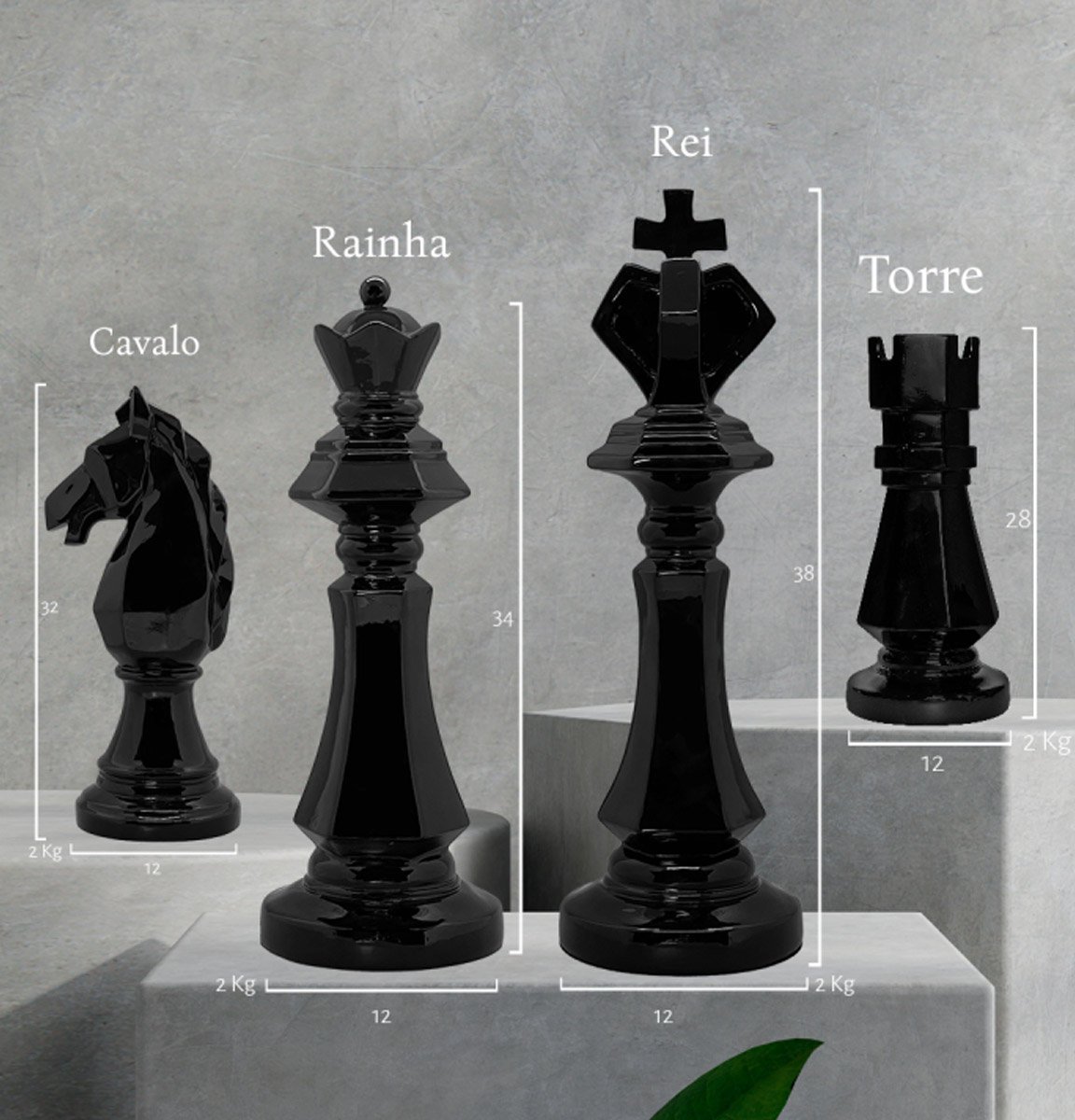 Kit Decoração Xadrez Chess Gold Cavalo Rainha e Rei em Alumínio