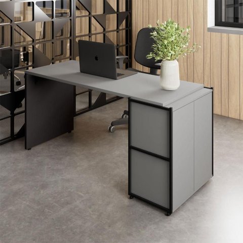 Mesa Escrivaninha 150cm X 60cm e Armário 2 Portas F5 Office Cor:cinza Sagrado com Preto