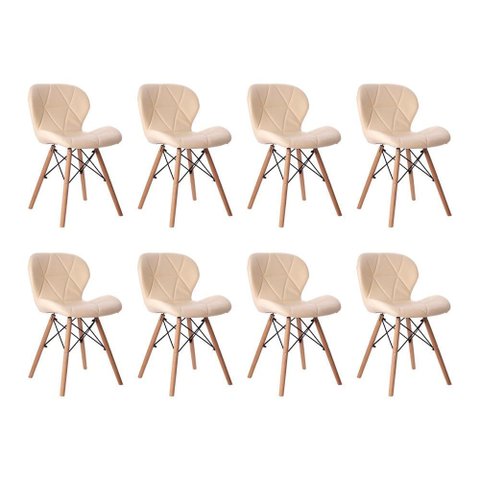 Kit 08 Cadeiras Estofada Jantar Charles Eames Eiffel Slim Wood Confort Creme