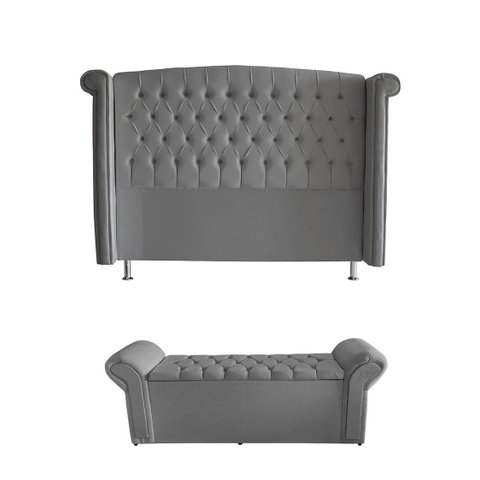 Kit Realeza Cabeceira de Cama Box e Calçadeira Baú Queen 160 Cm Suede Prata Eli Móveis