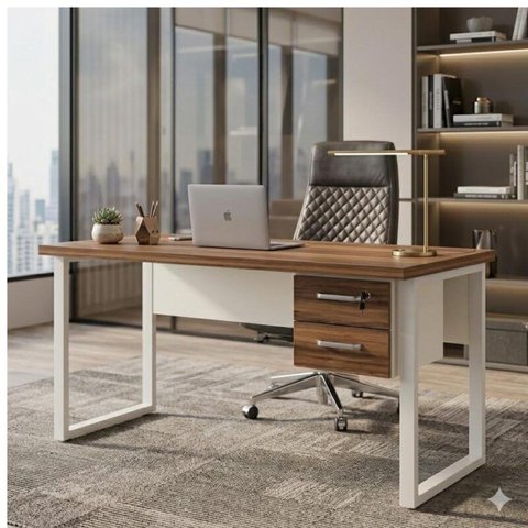 Mesa Escritório Pé Quadro 1,20x0,60m c/ Gavetas Nogal Sevilha / Champanhe