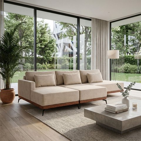 Sofá Modulado Moderno c/ Chass 3,30 m Tóqui:Capuccino/Veludo