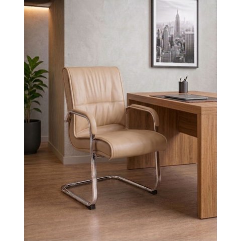 Cadeira Office Base Fixa em Aço Cromado e Couro Ecologico Austin Bege/Fendi