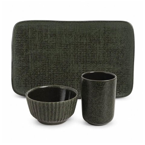 Conjunto Mesa Posta Comida Japonesa Sushi Cerâmica Verde 12PÇS Travessas Ramekins Copos Yunomi