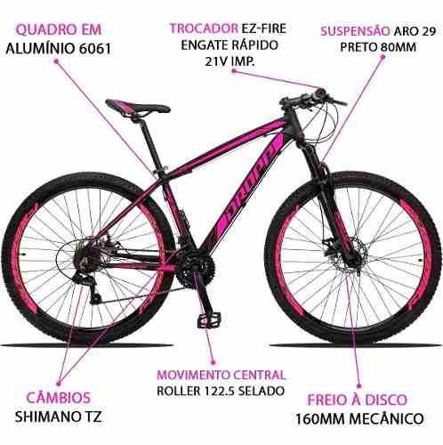 Bicicleta Aro 29 Dropp Z3 Câmbios Shimano 21V Freio Discos Suspensão Dianteira - Preto+Pink - 17