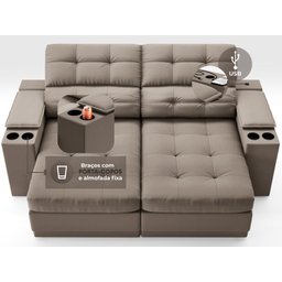 Sofá com Porta Copos e Carregador USB Eureka 1,70m Assento Retrátil e Reclinável Velosuede - 5