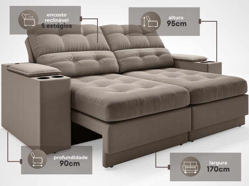 Sofá com Porta Copos e Carregador USB Eureka 1,70m Assento Retrátil e Reclinável Velosuede - 3
