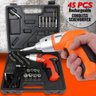 KIT PARAFUSADEIRA COM 45 ACESSORIOS 4.8V COM MALETA SEM FIO BATERIA RECARREGAVEL LUZ LED BITS E SOQU - 6