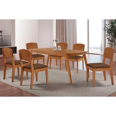 Sala de Jantar Completa Havana C/ Tampo Madeirado Canto Curvo 180x90cm e 6 Cadeiras Havana Naturale