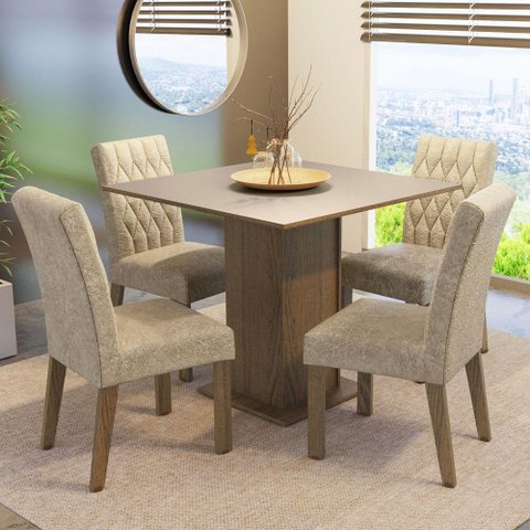 Conjunto Sala de Jantar Mesa Tampo de Madeira 4 Cadeiras Rustic/crema/imperial Livia Madesa