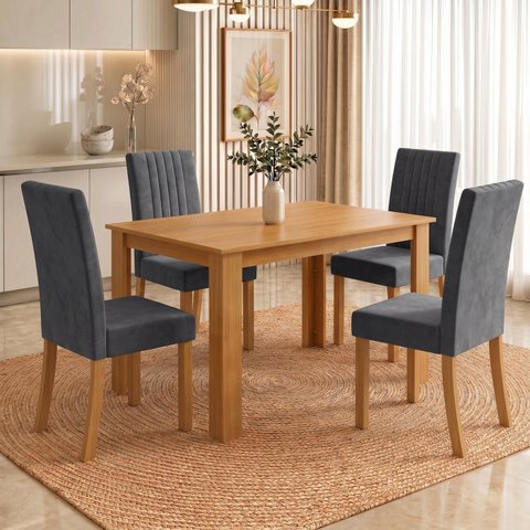 Conjunto Sala de Jantar Mesa Juliana 110cm Tampo MDP Canto Reto 4 Cadeiras Lily