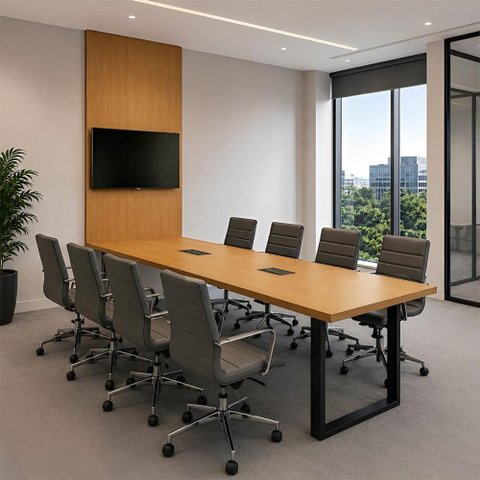 Mesa Reunião Industrial 250cm 100% MDF com 2 Caixas de Tomadas e Painel TV F5 Office Cor:Freijó