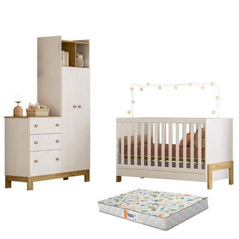 Berço Americano Mini Cama 4300 Fantasia e Guarda Roupa com Cômoda 4970 Q Encanto Slim Branco Acetina