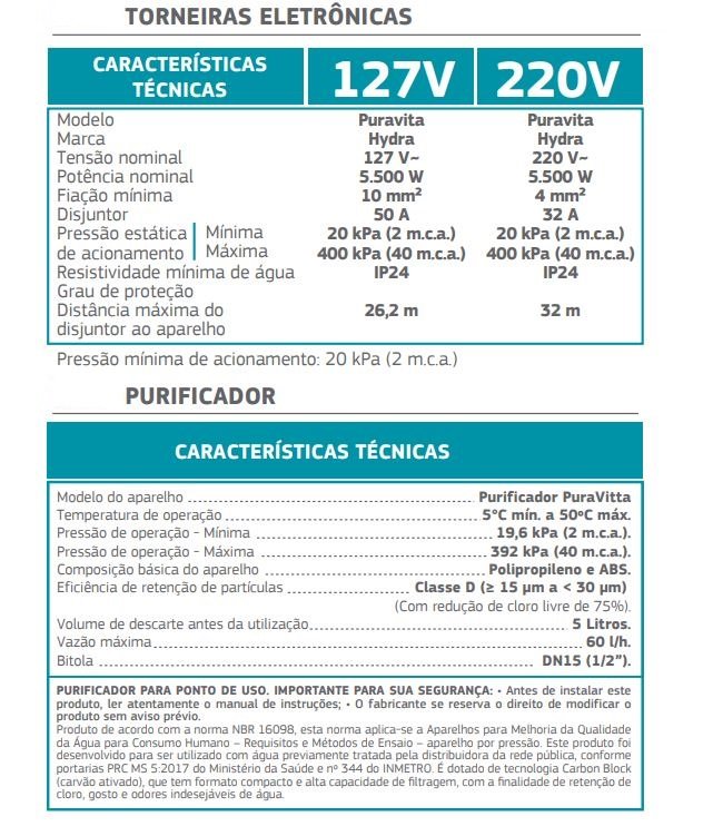 Torneira Eletrica Puravitta com Filtro Parede Hydra 220v - 6