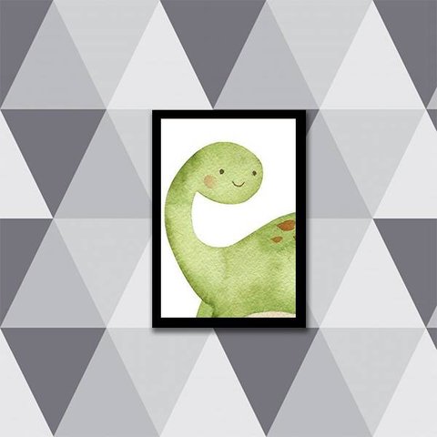 Quadro Decorativo Infantil Dinossauro Verde 24x18cm - com vidro:Madeira preta