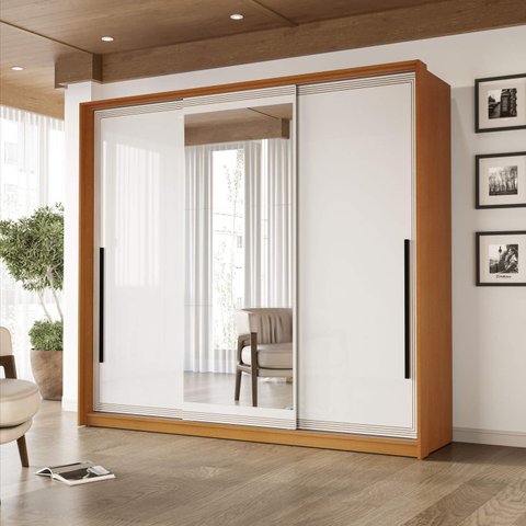 Guarda Roupa Casal 220cm 3 Portas de Correr com Espelho 240854 Valência Politorno Móveis