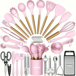 Kit 44 Utenslios de Cozinha Silicone e Madeira Antiaderente Rosa
