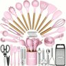 Kit 44 Utenslios de Cozinha Silicone e Madeira Antiaderente Rosa - 1