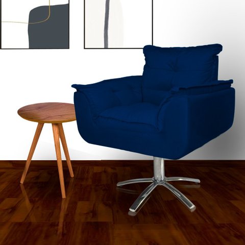 Poltrona Decorativa Hall de Entrada Base Giratória de Metal Opala Suede Azul Marinho - LM DECOR