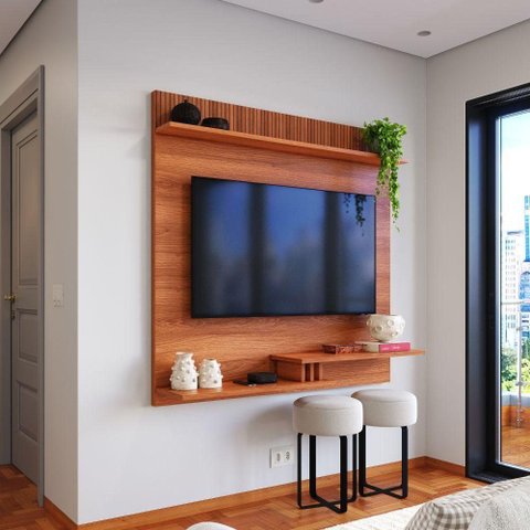 Painel para TV até 50 Polegadas Ripado 3D Texas com Nichos e Prateleiras Decorativas Jequitiba