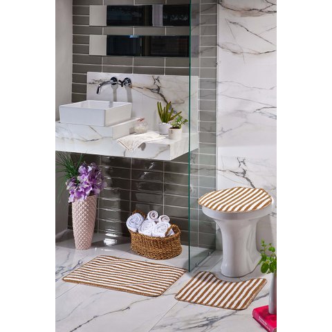 Kit Tapete Banheiro 3 Peças Listras Caramelo Slim