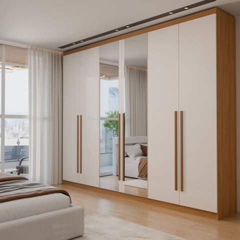 Guarda-Roupa Casal Magnus 6 Portas 3 Gavetas com Espelho Cinamomo/Off White - Panorama Móveis