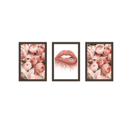 Tríptico - Quadros Decorativos Floral Rosa Grande:Madeira - 1