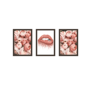 Tríptico - Quadros Decorativos Floral Rosa Grande:Madeira