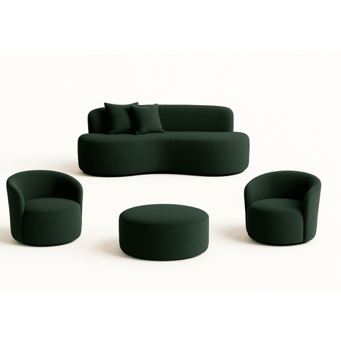 Conjunto 02 Poltronas + Sofá e Puff Curvo Orgânico Nature Gaia Boucle Verde - Montanaris Decor
