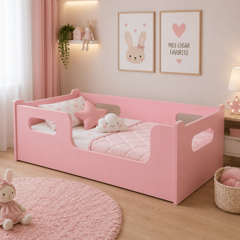 Cama Infantil Juvenil Rosa com Colchão para Crianças Menina Menino Bebe