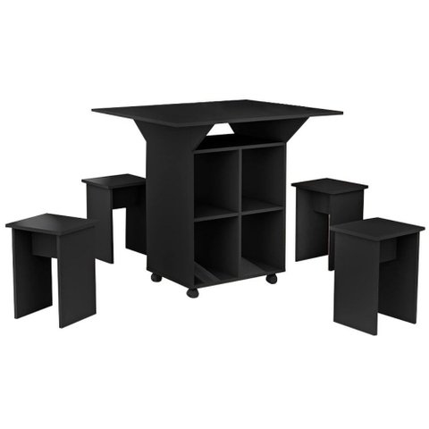 Mesa Aparador Retrátil Basoto Annie com 4 Bancos Embutidos 100% Mdf - Preto