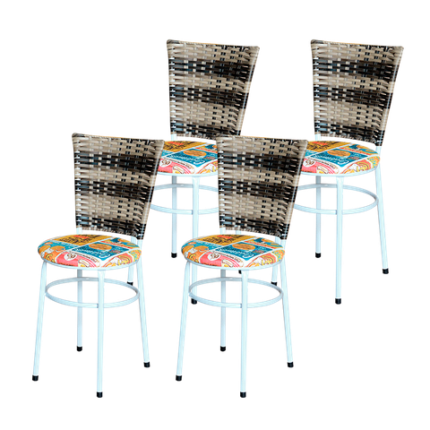 Conjunto 4 Cadeiras Branca para Cozinha Hawai Cappuccino Premium com Assento Estampado:happy Hour