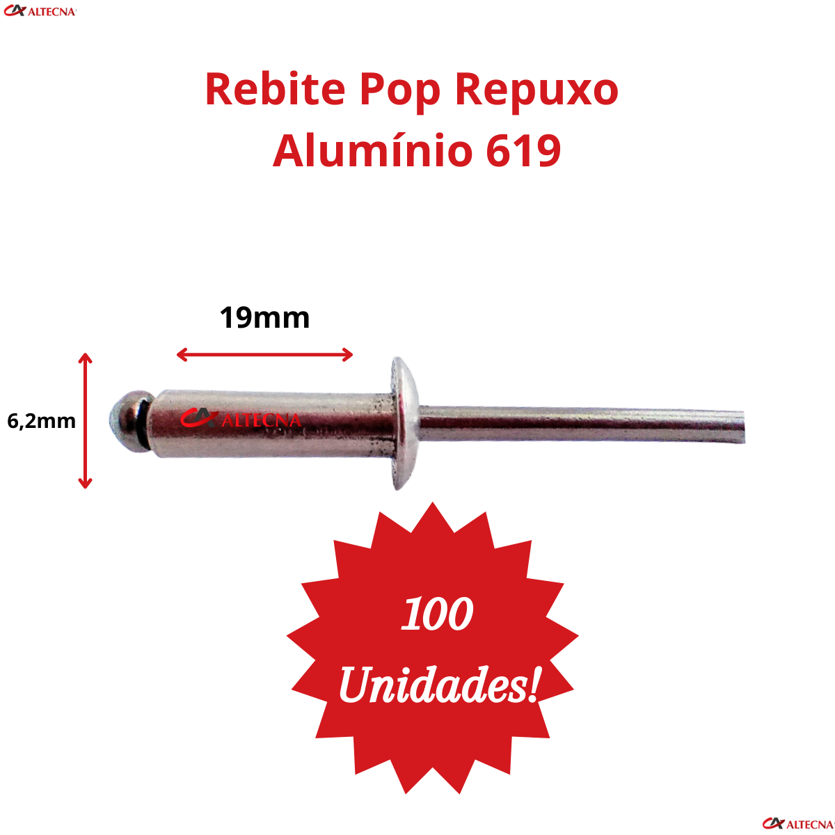 Rebite Pop Repuxo Alumínio 619 - 6,2X19,0mm Com 100 Unidades - 4