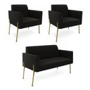 Ver imagem 1 de Sofá Namoradeira e 2 Poltronas Pé de Ferro Dourado Marisa Suede D03 - D'Rossi Preto