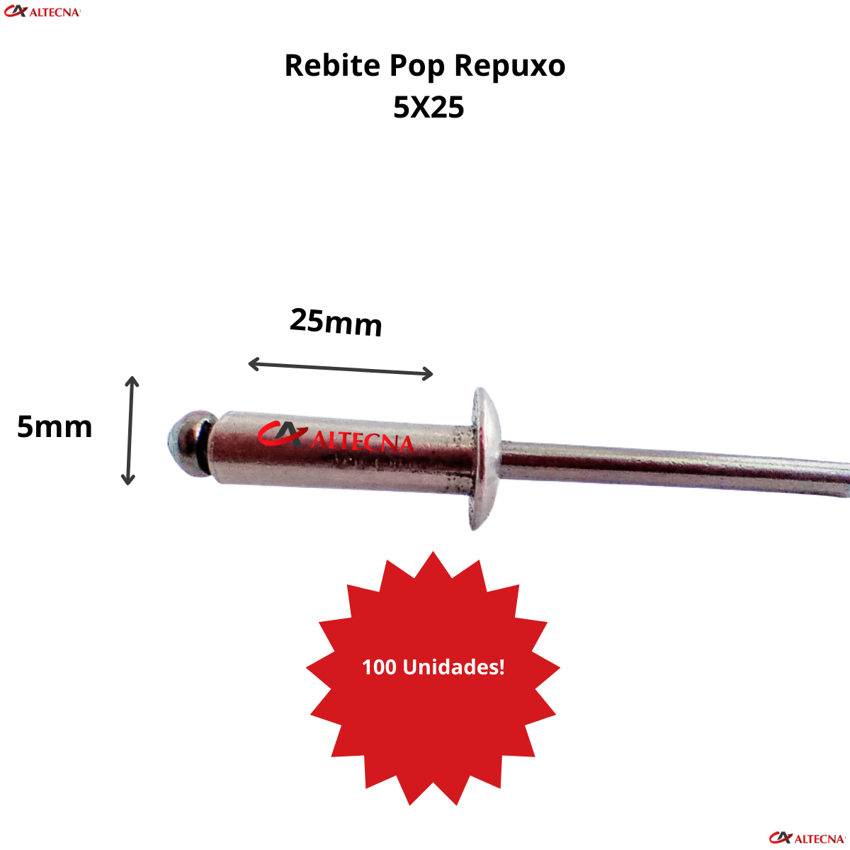 Rebite Pop Repuxo Alumínio 525 - 4,8X25,0mm Com 100 Unidades - 4