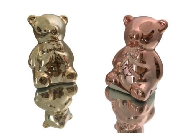 Enfeite Decorativo Casal Ursos Cerâmica Rosé E Gold 6X4,5Cm