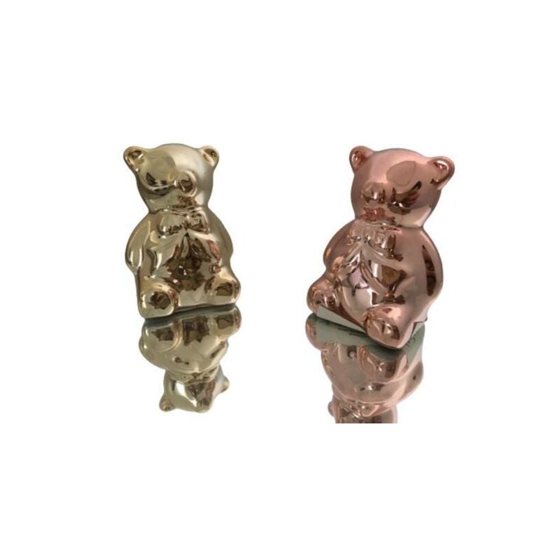 Enfeite Decorativo Casal Ursos Cerâmica Rosé E Gold 6X4,5Cm